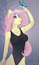 Size: 660x1100 | Tagged: suggestive, artist:elronya, derpibooru import, fluttershy, anthro, butterfly, insect, pegasus, breasts, busty fluttershy, clothes, erect nipples, female, image, jpeg, nipple outline, one-piece swimsuit, solo, swimsuit