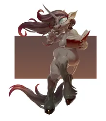 Size: 818x934 | Tagged: suggestive, artist:derekireba, derpibooru import, oleander (tfh), anthro, classical unicorn, unguligrade anthro, unicorn, them's fightin' herds, book, breasts, cloven hooves, community related, featureless breasts, image, leonine tail, open mouth, png, pose, unshorn fetlocks