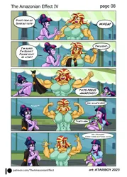 Size: 2726x3802 | Tagged: suggestive, artist:atariboy2600, artist:bluecarnationstudios, derpibooru import, rarity, sci-twi, spike, sunset shimmer, twilight sparkle, dog, human, comic:the amazonian effect, comic:the amazonian effect iv, equestria girls, ass, breasts, buff breasts, busty sunset shimmer, butt, clothes, comic, eyes closed, female, flexing, gasp, grin, image, jacket, male, muscles, muscular female, open mouth, png, smiling, spike the dog, sunset lifter, twibutt