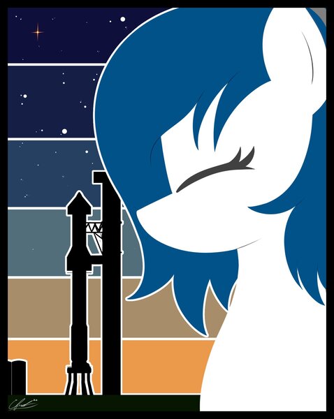 Size: 1592x2000 | Tagged: safe, artist:seafooddinner, derpibooru import, oc, oc:spacexpone, unofficial characters only, earth pony, pony, bust, earth pony oc, eyes closed, female, image, jpeg, mare, poster, rocket, signature, solo, space, stars
