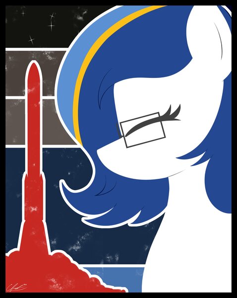 Size: 1592x2000 | Tagged: safe, artist:seafooddinner, derpibooru import, oc, oc:ulapone, unofficial characters only, earth pony, pony, bust, earth pony oc, eyes closed, female, glasses, image, jpeg, mare, poster, rocket, signature, solo, space, stars