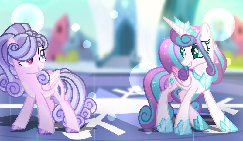 Size: 1157x669 | Tagged: safe, artist:kingbases, artist:selenavivacity, derpibooru import, princess flurry heart, oc, oc:snow flower, alicorn, pegasus, base used, blurry background, coat markings, colored hooves, colored pupils, colored wings, crown, crystal empire, duo, duo female, female, gradient wings, heterochromia, hoof shoes, image, jewelry, jpeg, older, older flurry heart, pegasus oc, peytral, ponytail, regalia, siblings, sisters, sparkly mane, sunshine sunshine, wings