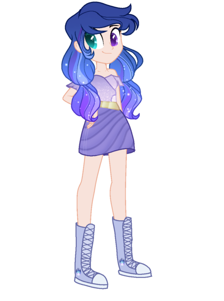 Size: 949x1276 | Tagged: safe, artist:selenavivacity, derpibooru import, oc, oc:dimensional aura, unofficial characters only, equestria girls, boots, bracelet, clothes, colored pupils, cutie mark, cutie mark on clothes, equestria girls-ified, female, heterochromia, image, jewelry, messy hair, offspring, parent:flash sentry, parent:twilight sparkle, parents:flashlight, png, shoes, simple background, skirt, solo, sparkly mane, transparent background