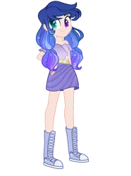 Size: 949x1276 | Tagged: safe, artist:selenavivacity, derpibooru import, oc, oc:dimensional aura, unofficial characters only, equestria girls, boots, bracelet, clothes, colored pupils, cutie mark, cutie mark on clothes, equestria girls-ified, female, heterochromia, image, jewelry, messy hair, offspring, parent:flash sentry, parent:twilight sparkle, parents:flashlight, png, shoes, simple background, skirt, solo, sparkly mane, transparent background