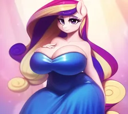 Size: 576x512 | Tagged: suggestive, derpibooru import, machine learning generated, novelai, stable diffusion, princess cadance, alicorn, anthro, abstract background, big breasts, blue dress, breasts, busty princess cadance, cleavage, female, hand on breast, huge breasts, image, milf, png, solo, solo female