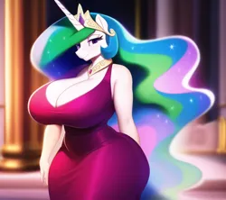 Size: 576x512 | Tagged: suggestive, derpibooru import, machine learning generated, novelai, stable diffusion, princess celestia, alicorn, anthro, big breasts, breasts, busty princess celestia, cleavage, ethereal mane, female, huge breasts, image, png, red dress, solo, solo female, wide hips