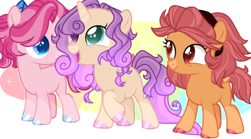 Size: 1199x667 | Tagged: safe, artist:rerorir, artist:selenavivacity, derpibooru import, oc, oc:cloud veils, oc:neat curls, oc:silk knife, unofficial characters only, earth pony, pegasus, pony, unicorn, base used, blank flank, coat markings, colored hooves, colored pupils, earth pony oc, female, filly, foal, heterochromia, horn, image, magical lesbian spawn, offspring, parent:apple bloom, parent:button mash, parent:diamond tiara, parent:scootaloo, parents:diamondbloom, parents:scootamash, parents:tenderbelle, pegasus oc, png, trio, trio female, unicorn oc, wings
