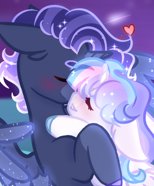 Size: 813x983 | Tagged: safe, artist:lastaimin, artist:selenavivacity, derpibooru import, oc, oc:sapphire moon, oc:selena vivacity, unofficial characters only, alicorn, alicorn oc, base used, blushing, colored hooves, heart, horn, image, magical lesbian spawn, night, oc x oc, offspring, offspring shipping, parent:king sombra, parent:princess luna, parent:rainbow dash, parent:twilight sparkle, parents:lumbra, parents:twidash, png, shipping, shooting star, sparkly mane, sparkly wings, wings