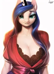 Size: 512x704 | Tagged: suggestive, derpibooru import, machine learning generated, novelai, stable diffusion, princess luna, alicorn, anthro, big breasts, breasts, busty princess luna, cleavage, clothes, eyeshadow, female, huge breasts, human coloration, image, lace underwear, looking at you, makeup, open clothes, open shirt, png, simple background, smiling, smiling at you, solo, solo female, white background