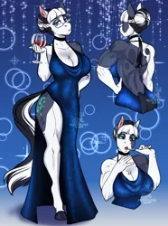 Size: 2560x3440 | Tagged: safe, artist:blackblood-queen, derpibooru import, oc, oc:clarabelle meadow, unofficial characters only, anthro, earth pony, unguligrade anthro, abstract background, alcohol, anthro oc, back muscles, backless, beautiful, beautisexy, beauty mark, biceps, big breasts, black and white mane, breasts, choker, cleavage, clothes, coat markings, commission, digital art, dress, earth pony oc, eyeshadow, female, glass, glasses, hair bun, halterneck, hand on chest, hand on hip, hooves, huge breasts, image, legs, lidded eyes, lips, makeup, muscles, muscular female, open-back dress, png, quadriceps, rear view, seductive, sexy, side slit, solo, thighs, total sideslit, triceps, wide hips, wine, wine glass