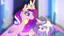 Size: 1185x675 | Tagged: safe, artist:selenavivacity, derpibooru import, princess cadance, oc, oc:tormented crystal, alicorn, pony, unicorn, blurry background, colored pupils, colored wings, comforting, crown, duo, duo female, ethereal mane, female, floppy ears, gradient wings, horn, hug, image, jewelry, mare, mascara, mother and child, mother and daughter, offspring, older, older princess cadance, parent:princess cadance, parent:shining armor, parents:shiningcadance, peytral, png, regalia, shadow, unicorn oc, winghug, wings