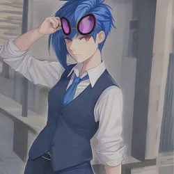 Size: 1024x1024 | Tagged: safe, derpibooru import, editor:jesterofdestiny, machine learning generated, vinyl scratch, human, anime style, belt, button-up shirt, clothes, dress shirt, humanized, image, necktie, pants, png, rolled up sleeves, shirt, solo, sunglasses, sunglasses on head, vest