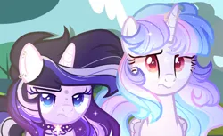 Size: 1142x700 | Tagged: safe, artist:malachitebases, artist:selenavivacity, derpibooru import, oc, oc:aurora night, oc:selena vivacity, unofficial characters only, alicorn, pony, unicorn, alicorn oc, base used, choker, colored pupils, duo, duo female, ear piercing, earring, female, half-siblings, half-sisters, horn, horn ring, image, jewelry, jpeg, magical lesbian spawn, mare, offspring, parent:flash sentry, parent:rainbow dash, parent:twilight sparkle, parents:flashlight, parents:twidash, piercing, ring, siblings, sisters, sparkly mane, unicorn oc, wings