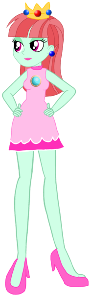 Size: 876x2849 | Tagged: safe, artist:rainbowstarcolour262, derpibooru import, melon mint, equestria girls, background human, clothes, crown, crystal prep shadowbolts, high heels, image, jewelry, lipstick, pink dress, png, princess peach, regalia, shoes, simple background, super mario bros., transparent background