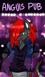 Size: 675x1154 | Tagged: safe, alternate version, artist:anykoe, derpibooru import, oc, oc:anguis flake, lamia, original species, pony, semi-anthro, clothes, fluffy, image, looking at you, monster hunter world, nightclub, png, solo, tongue out