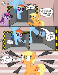 Size: 2550x3278 | Tagged: safe, artist:alyssafire, artist:nightshadowmlp, derpibooru import, applejack, rainbow dash, twilight sparkle, comic:five am at pinkie's: the prequel, comic, exclamation point, flying, hatless, image, missing accessory, png, shocked