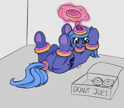 Size: 4912x4301 | Tagged: safe, artist:firenhooves, princess luna, pony, cute, donut, eating, featureless crotch, female, filly, food, frog (hoof), hooves, image, levitation, lunabetes, lying down, magic, on back, patreon exclusive, paywall content, png, silly, silly pony, telekinesis, underhoof, woona, younger