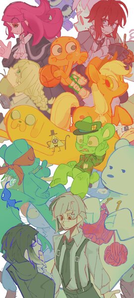 Size: 922x2048 | Tagged: safe, artist:poneko-chan, derpibooru import, applejack, bear, earth pony, fish, flying squirrel, human, pikmin, polar bear, pony, squirrel, adventure time, basketball, bill cipher, chopsticks, clothes, darwin watterson, female, flippy, gravity falls, happy tree friends, hat, ice bear, image, jpeg, knitting, looking back, male, mare, necktie, pants, pikmin (series), shirt, shoes, smiling, sneakers, splendid, sports, suspenders, the amazing world of gumball, we bare bears, yarn