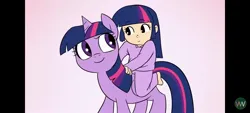 Size: 1600x720 | Tagged: safe, artist:doublewbrothers, derpibooru import, screencap, twilight sparkle, twilight sparkle (alicorn), alicorn, human, pony, equestria girls, human ponidox, humans riding ponies, image, jpeg, looking at each other, looking at someone, riding, self paradox, self ponidox, simple background, smiling, smiling at each other, solo