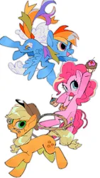 Size: 576x1024 | Tagged: safe, artist:poneko-chan, derpibooru import, applejack, pinkie pie, rainbow dash, earth pony, pegasus, pony, applejack's hat, cloud, cowboy hat, cupcake, female, flying, food, hat, image, jpeg, mare, mouth hold, open mouth, open smile, rope, simple background, smiling, trio, white background