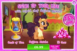 Size: 1962x1298 | Tagged: safe, derpibooru import, official, saffron masala, pony, unicorn, advertisement, clothes, costs real money, ear piercing, earring, english, female, gameloft, gem, horn, hourglass, image, jewelry, jpeg, leg bracelet, mare, mobile game, my little pony: magic princess, numbers, piercing, sale, solo, solo focus, text