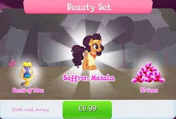 Size: 1264x856 | Tagged: safe, derpibooru import, official, saffron masala, pony, unicorn, bundle, clothes, costs real money, ear piercing, earring, english, female, gameloft, gem, horn, hourglass, image, jewelry, jpeg, leg bracelet, mare, mobile game, my little pony: magic princess, numbers, piercing, sale, solo, solo focus, text
