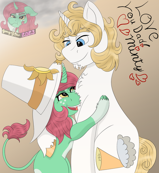 Size: 1102x1200 | Tagged: safe, artist:gray star, derpibooru import, oc, oc:father bright, oc:minty shine (graystar), unofficial characters only, pony, unicorn, fallout equestria, fallout equestria: all things unequal, fallout equestria:all things unequal (pathfinder), father and child, father and daughter, female, filly, foal, happy, hug, image, male, nuzzling, png, redraw, smiling, stallion