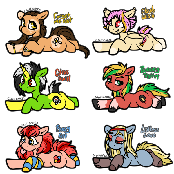 Size: 2000x2000 | Tagged: safe, artist:sexygoatgod, derpibooru import, oc, oc:burning trotter, oc:citrus swirl, oc:flash wish, oc:forget me not, oc:listless love, oc:pansy art, unofficial characters only, bat pony, earth pony, pony, unicorn, adoptable, bedroom eyes, bracelet, clothes, derp, fangs, female, image, jewelry, male, png, socks, stockings, striped socks, thigh highs, tired, tongue out