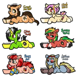 Size: 2000x2000 | Tagged: safe, artist:sexygoatgod, derpibooru import, oc, oc:burning trotter, oc:citrus swirl, oc:flash wish, oc:forget me not, oc:listless love, oc:pansy art, unofficial characters only, bat pony, earth pony, pony, unicorn, adoptable, bedroom eyes, bracelet, clothes, derp, fangs, female, image, jewelry, male, png, socks, stockings, striped socks, thigh highs, tired, tongue out