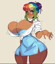 Size: 742x867 | Tagged: suggestive, artist:scarfyace, derpibooru import, edit, rainbow dash, human, big breasts, bimbo, breasts, busty rainbow dash, curvy, female, hourglass figure, huge breasts, humanized, image, impossibly large breasts, png, solo, solo female, wasp waist, wide hips