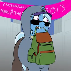 Size: 1200x1200 | Tagged: semi-grimdark, artist:pony quarantine, derpibooru import, trixie, pony, unicorn, backpack, banner, baseball cap, bomb, boston marathon ref, building, canterlot, cap, clothes, hat, hoodie, ied, image, jpeg, mare wearing pants, mouth hold, pants, solo, sunglasses, we are going to hell, weapon