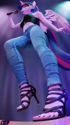 Size: 2160x3840 | Tagged: suggestive, alternate version, artist:shadowboltsfm, derpibooru import, twilight sparkle, alicorn, anthro, plantigrade anthro, 3d, blender, breasts, clothes, denim, eyes closed, feet, female, high heels, high res, horn, image, jeans, low angle, macro, micro, microphone, nail polish, not sfm, pants, png, sexy, shoes, short shirt, solo, toes, unaware, wings