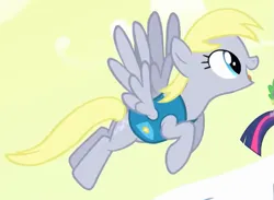 Size: 539x394 | Tagged: safe, derpibooru import, screencap, derpy hooves, pegasus, pony, season 1, winter wrap up, cropped, female, flying, image, mare, png, sky, solo, weather team, winter wrap up vest, wrong eye color, yellow sky