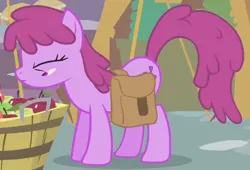 Size: 592x402 | Tagged: safe, derpibooru import, screencap, berry punch, berryshine, earth pony, pony, call of the cutie, season 1, animation error, apple, bag, cropped, female, food, image, mare, png, saddle bag, solo, solo female, solo focus