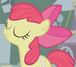 Size: 632x557 | Tagged: safe, derpibooru import, edit, edited screencap, screencap, apple bloom, earth pony, pony, call of the cutie, season 1, animation error, apple bloom's bow, apron, bow, clothes, cropped, eyes closed, female, filly, foal, hair bow, image, png, solo, solo female, solo focus