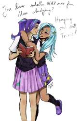 Size: 841x1270 | Tagged: safe, artist:elisdoominika, derpibooru import, starlight glimmer, trixie, human, book, clothes, female, hug, hug from behind, humanized, image, kneesocks, lesbian, looking at each other, looking at someone, one leg raised, png, school uniform, shipping, simple background, skirt, smiling, smiling at each other, socks, startrix, text, transparent background
