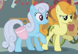 Size: 615x429 | Tagged: safe, derpibooru import, screencap, carrot top, golden harvest, linky, shoeshine, earth pony, pony, call of the cutie, season 1, bag, confused, cropped, female, image, mare, png, ponies standing next to each other, ponyville, raised hoof, saddle bag, standing