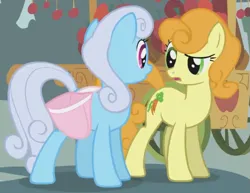 Size: 563x435 | Tagged: safe, derpibooru import, screencap, carrot top, golden harvest, linky, shoeshine, earth pony, pony, call of the cutie, season 1, bag, confused, cropped, female, image, looking at each other, looking at someone, mare, png, ponies standing next to each other, ponyville, saddle bag, standing