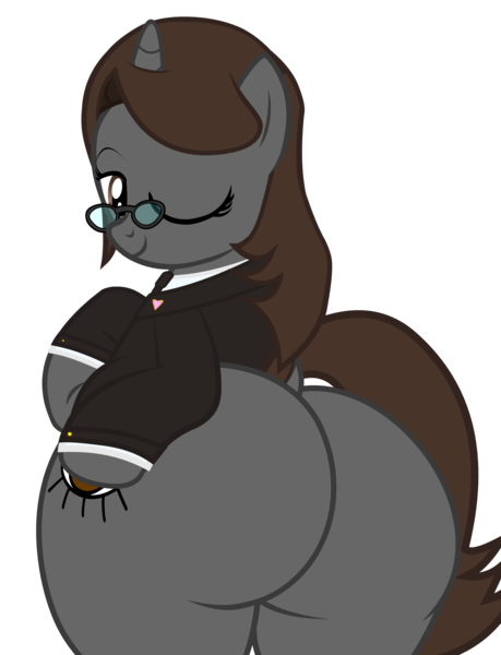 Size: 4600x6019 | Tagged: suggestive, artist:duskyzombie, derpibooru import, oc, oc:sonata, pony, unicorn, absurd resolution, belly, bipedal, bottom heavy, butt, clothes, cute, extra thicc, female, hoof on hip, image, large butt, lidded eyes, looking back, mare, one eye closed, plot, plump, png, simple background, smiling, solo, suit, the ass was fat, thick, thighs, thunder thighs, transparent background, vector, wide hips, wink
