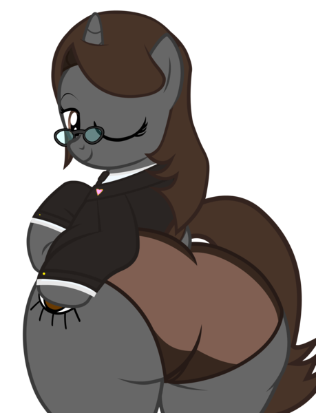 Size: 4600x6019 | Tagged: suggestive, alternate version, artist:duskyzombie, derpibooru import, oc, oc:sonata, pony, unicorn, absurd resolution, belly, bipedal, bottom heavy, butt, clothes, cute, extra thicc, female, hoof on hip, image, large butt, lidded eyes, looking back, mare, one eye closed, plot, plump, png, simple background, smiling, solo, suit, the ass was fat, thick, thighs, thunder thighs, transparent background, underwear, vector, wide hips, wink