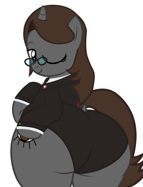 Size: 4600x6019 | Tagged: suggestive, alternate version, artist:duskyzombie, derpibooru import, oc, oc:sonata, pony, unicorn, absurd resolution, belly, bipedal, bottom heavy, butt, clothes, cute, extra thicc, female, hoof on hip, image, large butt, lidded eyes, looking back, mare, one eye closed, plot, plump, png, simple background, smiling, solo, suit, the ass was fat, thick, thighs, thunder thighs, transparent background, underwear, vector, wide hips, wink