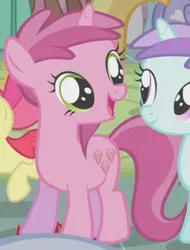 Size: 333x438 | Tagged: safe, derpibooru import, screencap, liza doolots, petunia, ruby pinch, tootsie flute, pony, unicorn, call of the cutie, season 1, cropped, female, filly, foal, image, looking at someone, png, solo focus, standing, talking