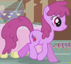 Size: 539x490 | Tagged: safe, derpibooru import, screencap, berry punch, berryshine, earth pony, pony, call of the cutie, season 1, animation error, cropped, female, image, mare, png, punch (drink), punch bowl, table, trotting