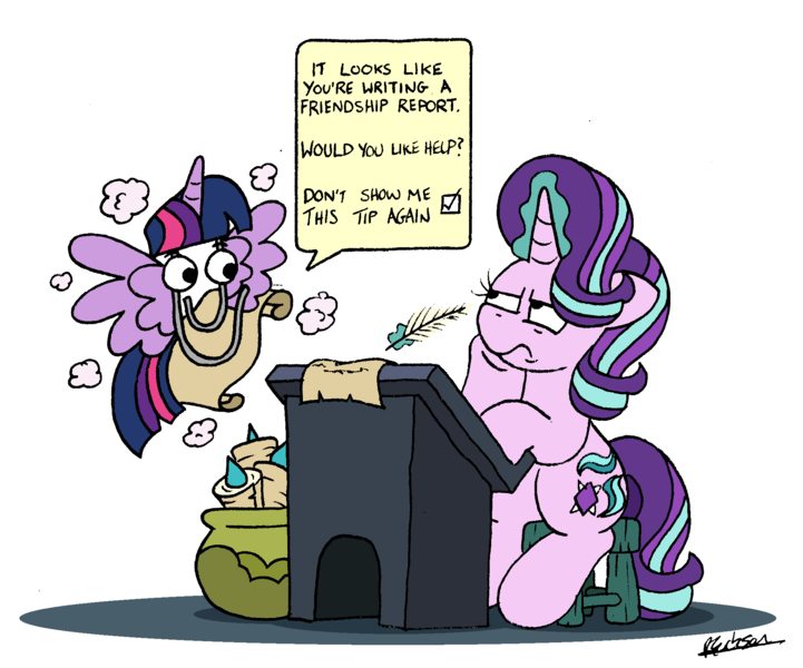 Size: 1986x1653 | Tagged: safe, artist:bobthedalek, derpibooru import, starlight glimmer, twilight sparkle, twilight sparkle (alicorn), alicorn, pony, unicorn, clippit, desk, dialogue, friendship report, glow, glowing horn, horn, image, magic, magic aura, png, quill, scroll, simple background, speech bubble, telekinesis, unamused, white background