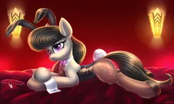 Size: 5000x3000 | Tagged: safe, artist:atlas-66, derpibooru import, octavia melody, pony, 2023, animal costume, bed, bunny costume, bunny ears, bunny suit, bunny tail, clothes, costume, image, lamp, looking at you, playboy, playboy bunny, playpony, png, room, tail, tights, year of the rabbit