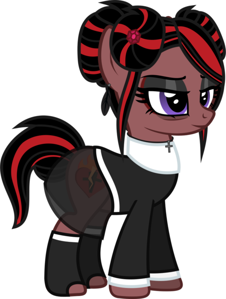 Size: 899x1192 | Tagged: safe, alternate version, artist:lightningbolt, derpibooru import, oc, oc:victoria anchorite, unofficial characters only, earth pony, pony, .svg available, bags under eyes, bun, clothes, cross, cross necklace, derpibooru exclusive, ear piercing, earring, eyeshadow, feather, female, image, jewelry, lidded eyes, makeup, mare, necklace, nun, nun outfit, piercing, png, skirt, socks, solo, standing, vector