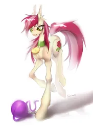 Size: 3500x4800 | Tagged: safe, artist:satan, derpibooru import, roseluck, earth pony, pony, behaving like a cat, collar, commission, commissioner:doom9454, cute, image, pet tag, png, pony pet, rosepet, thin, yarn, yarn ball