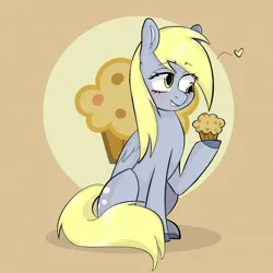 Size: 1280x1280 | Tagged: safe, artist:iggigvin69, derpibooru import, derpy hooves, pegasus, pony, floating heart, food, heart, image, jpeg, muffin, sitting, solo, that pony sure does love muffins