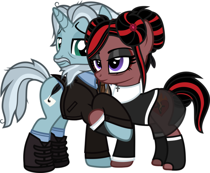 Size: 1530x1262 | Tagged: safe, artist:lightningbolt, derpibooru import, oc, oc:cadaverous poe, oc:victoria anchorite, unofficial characters only, earth pony, pony, unicorn, .svg available, bags under eyes, beard, bun, clothes, cross, cross necklace, derpibooru exclusive, duo, ear piercing, earring, eyeshadow, facial hair, feather, female, happy, holding hooves, horn, husband and wife, image, jewelry, lidded eyes, makeup, male, mare, married couple, messy mane, messy tail, moustache, necklace, nun, nun outfit, piercing, png, shipping, shoes, skirt, socks, stallion, standing, straight, suit jacket, tail, vector