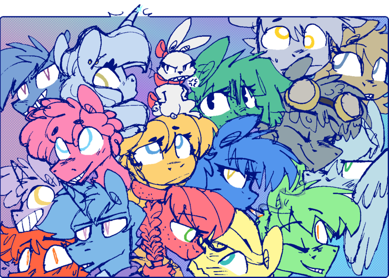 Size: 1255x897 | Tagged: safe, artist:artflicker, derpibooru import, angel bunny, archer (character), big macintosh, caramel, derpy hooves, dinky hooves, doctor whooves, dust devil, fluttershy, pinkie pie, pokey pierce, scootablue, snails, time turner, toffee, trixie, earth pony, pegasus, pony, unicorn, angela bunny, blushing, boop, bubble berry, butterreina, butterscotch, colt, dopey hooves, female, fluttermac, foal, goggles, goggles on head, grin, image, limited palette, macareina, male, mare, noseboop, png, poppy pin, rule 63, sharp teeth, shipping, smiling, spice, stallion, straight, sweat, sweatdrop, teeth, the doctoress, tristan, twerpy hooves, wavy mouth